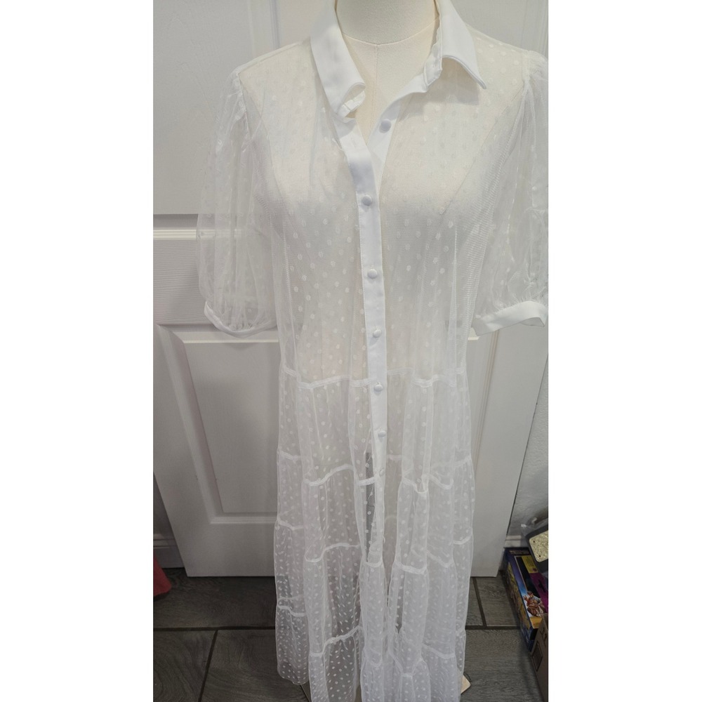 Jealous Tomato White Sheer Swiss Dot Mesh Tiered Maxi Dress Duster JT9244 Large